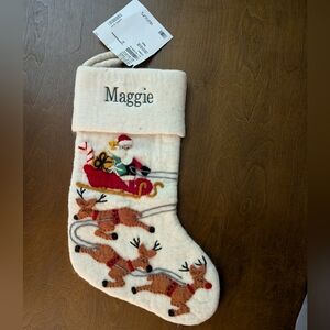 Cream Christmas Stocking with Santa and Reindeer, NWT